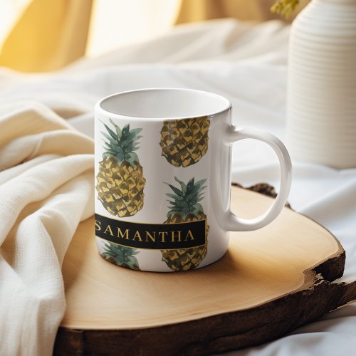 Tropical Watercolor Pineapple Pattern With Name Coffee Mug