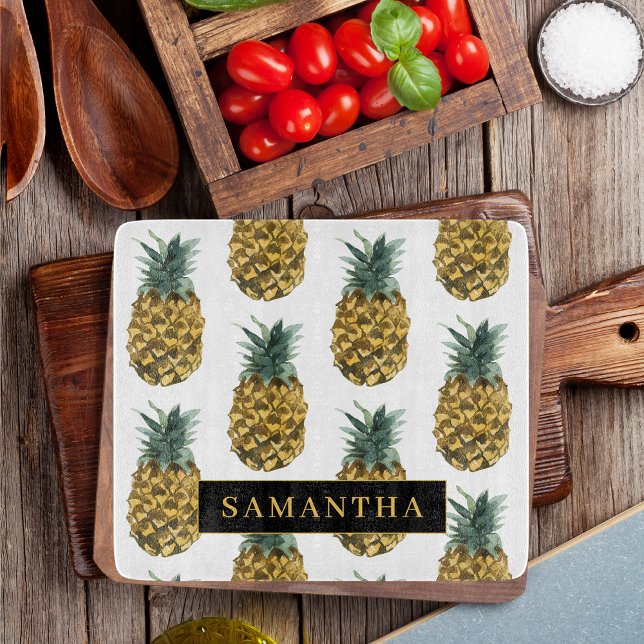 Tropical Watercolor Pineapple Pattern With Name Cutting Board (Creator Uploaded)