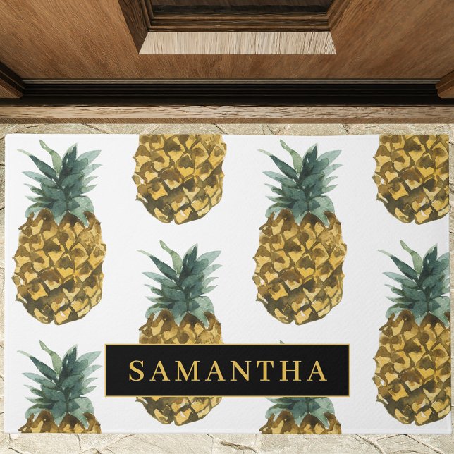 Tropical Watercolor Pineapple Pattern With Name Doormat (Creator Uploaded)