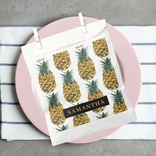 Tropical Watercolor Pineapple Pattern With Name Favor Bag