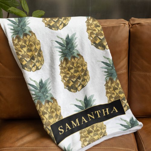 Tropical Watercolor Pineapple Pattern With Name Fleece Blanket