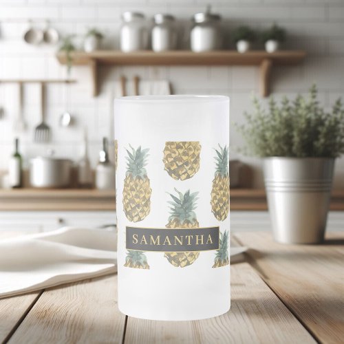 Tropical Watercolor Pineapple Pattern With Name Frosted Glass Beer Mug