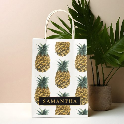 Tropical Watercolor Pineapple Pattern With Name Large Gift Bag