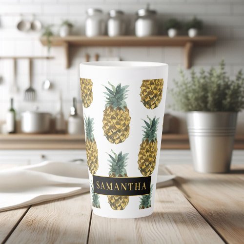 Tropical Watercolor Pineapple Pattern With Name Latte Mug