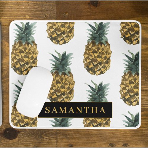 Tropical Watercolor Pineapple Pattern With Name Mouse Pad