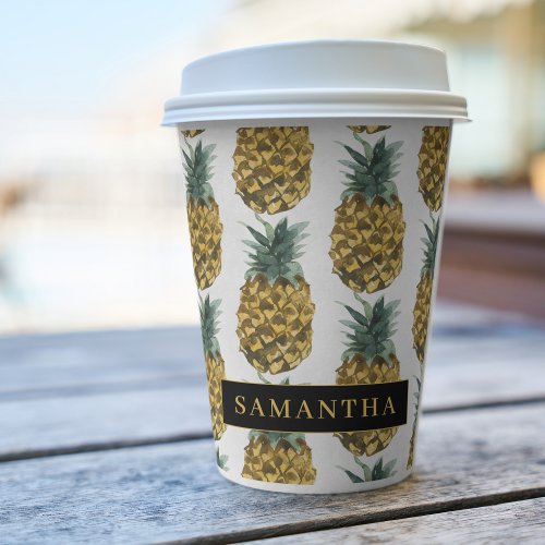 Tropical Watercolor Pineapple Pattern With Name Paper Cups