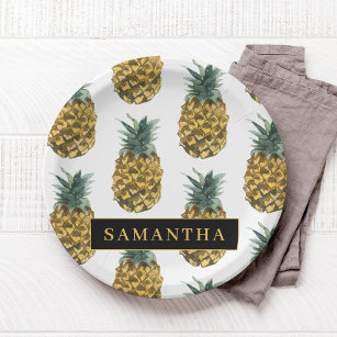 Tropical Watercolor Pineapple Pattern With Name Paper Plates