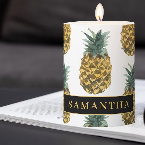 Tropical Watercolor Pineapple Pattern With Name Pillar Candle