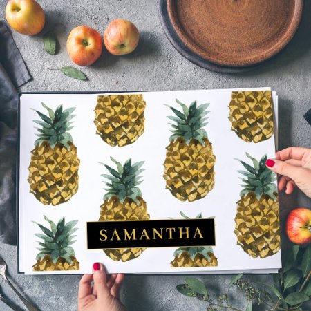 Tropical Watercolor Pineapple Pattern With Name Placemat