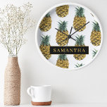 Tropical Watercolor Pineapple Pattern With Name Round Clock<br><div class="desc">Tropical Watercolor Pineapple Pattern With Name</div>