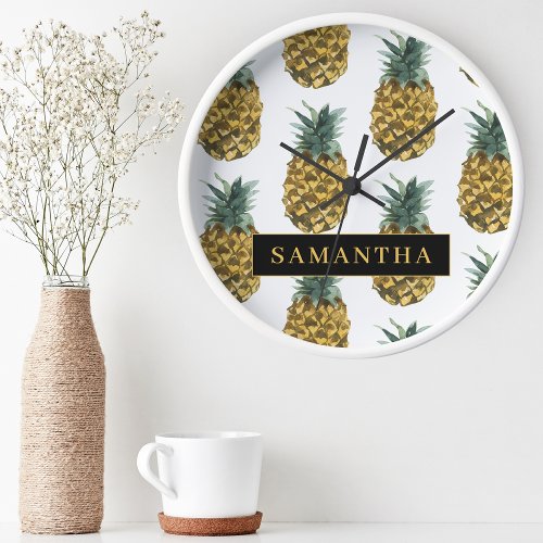 Tropical Watercolor Pineapple Pattern With Name Round Clock