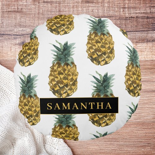 Tropical Watercolor Pineapple Pattern With Name Round Pillow