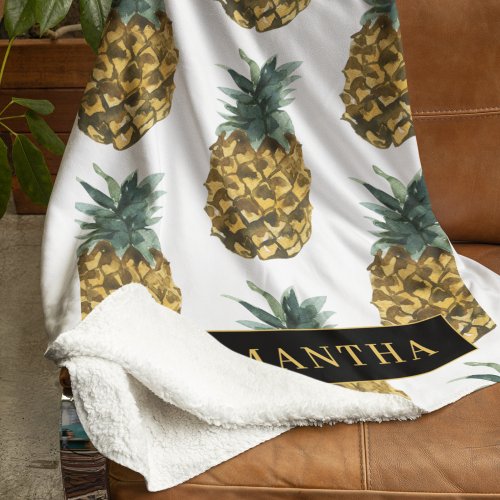 Tropical Watercolor Pineapple Pattern With Name Sherpa Blanket