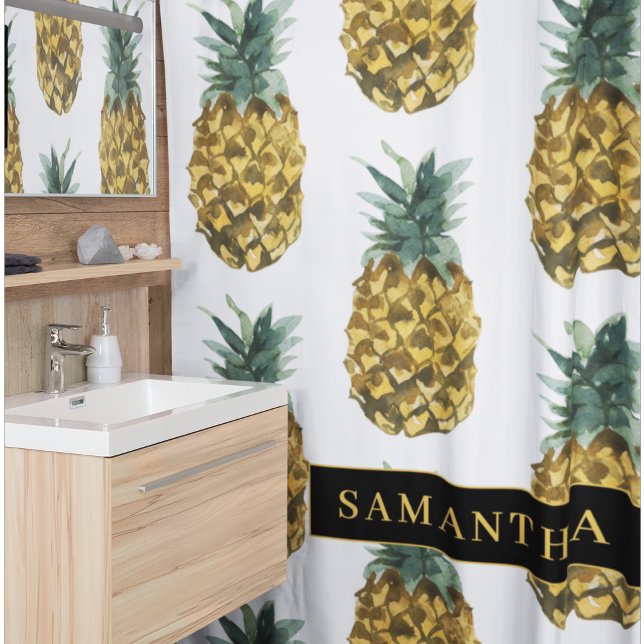 Tropical Watercolor Pineapple Pattern With Name Shower Curtain (Creator Uploaded)