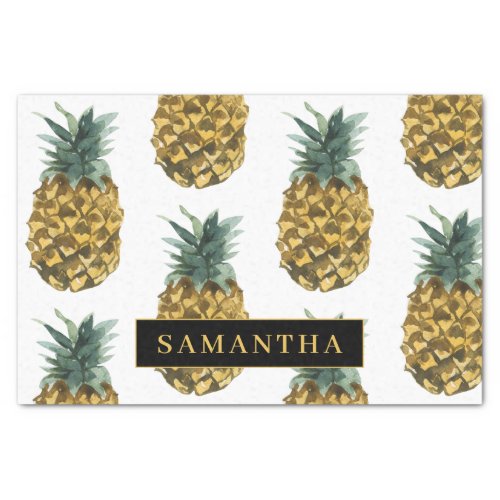 Tropical Watercolor Pineapple Pattern With Name Tissue Paper