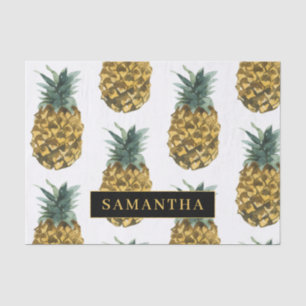 Tropical Watercolor Pineapple Pattern With Name Tissue Paper