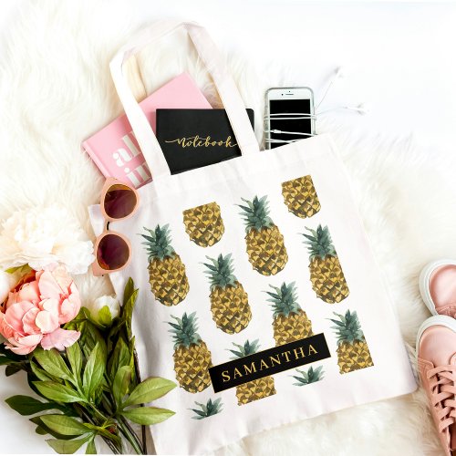Tropical Watercolor Pineapple Pattern With Name Tote Bag