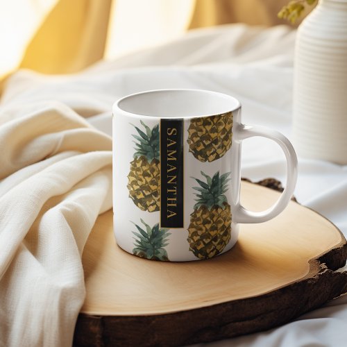 Tropical Watercolor Pineapple Pattern With Name Two_Tone Coffee Mug
