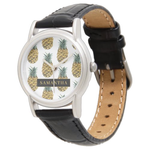 Tropical Watercolor Pineapple Pattern With Name Watch