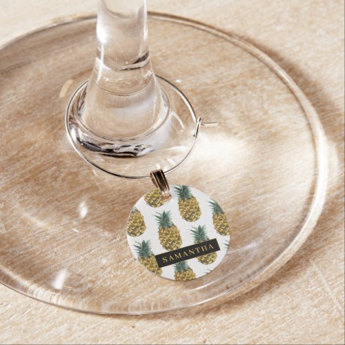 Tropical Watercolor Pineapple Pattern With Name Wine Charm