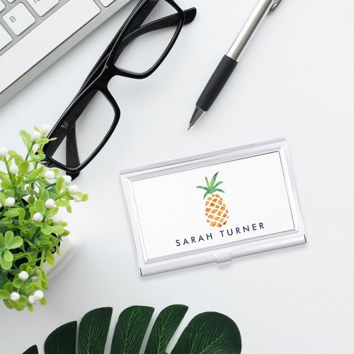 Tropical Watercolor Pineapple Personalized Business Card Case