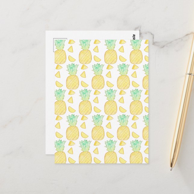 Tropical Watercolor Pineapple  Postcard (Front/Back In Situ)