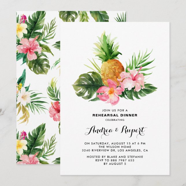 Tropical Watercolor Pineapple Rehearsal Dinner Invitation (Front/Back)