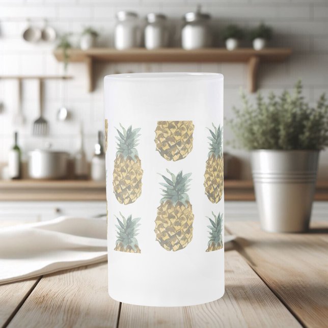 Tropical Watercolor Pineapple Seamless Pattern Frosted Glass Beer Mug (Creator Uploaded)