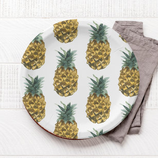 Tropical Watercolor Pineapple Seamless Pattern Paper Plates