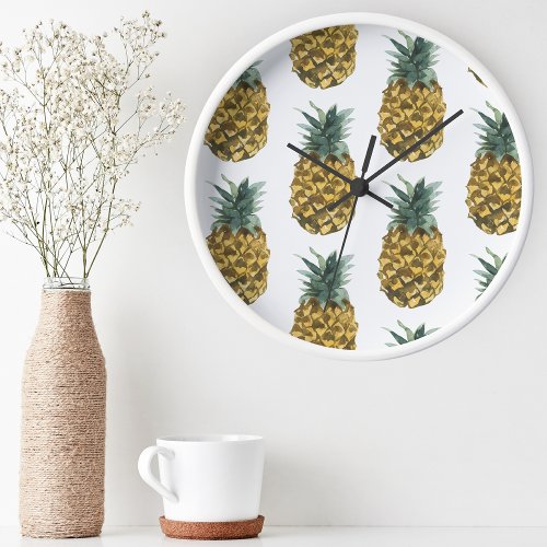 Tropical Watercolor Pineapple Seamless Pattern Round Clock
