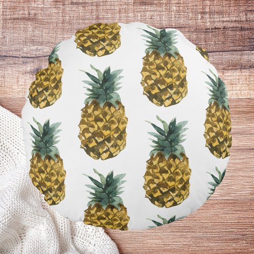 Tropical Watercolor Pineapple Seamless Pattern Round Pillow