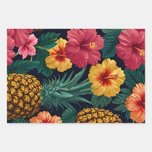 Tropical Watercolor Pineapple Seamless Pattern Wrapping Paper Sheets (Front)