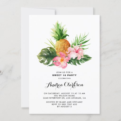 Tropical Watercolor Pineapple Sweet Sixteen Party Invitation | Zazzle