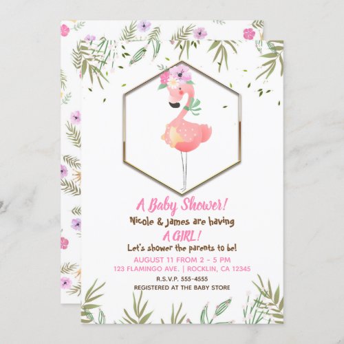 Tropical Watercolor Pink Flamingo Baby Shower Invitation