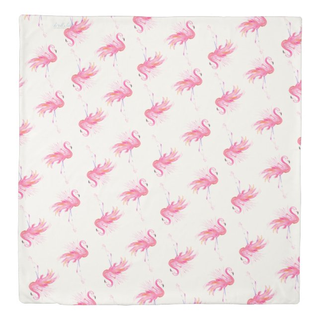 Tropical Watercolor Pink Flamingo Duvet Cover (Front)