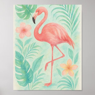 Tropical Watercolor Pink Flamingo Exotic Botanic Poster