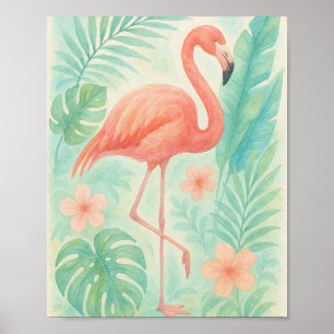 Tropical Watercolor Pink Flamingo Exotic Botanic Poster