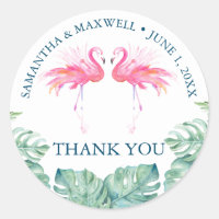 Tropical Watercolor Pink Flamingo Favors Classic Round Sticker