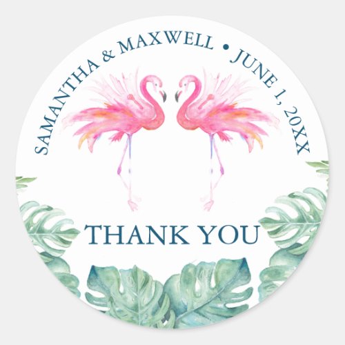 Tropical Watercolor Pink Flamingo Favors Classic Round Sticker