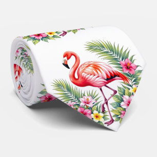 Tropical Watercolor Pink Flamingo Floral Hawaiian Neck Tie