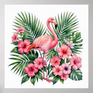 Tropical Watercolor Pink Flamingo Floral Hawaiian Poster