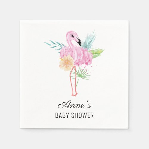 Tropical Watercolor Pink Flamingos Baby Shower  Napkins