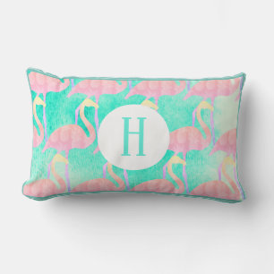 Tropical Watercolor Pink Flamingos & Teal Lumbar Pillow