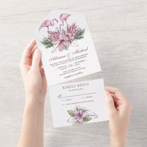 Tropical Watercolor Pink Floral Flamingo Wedding All In One Invitation