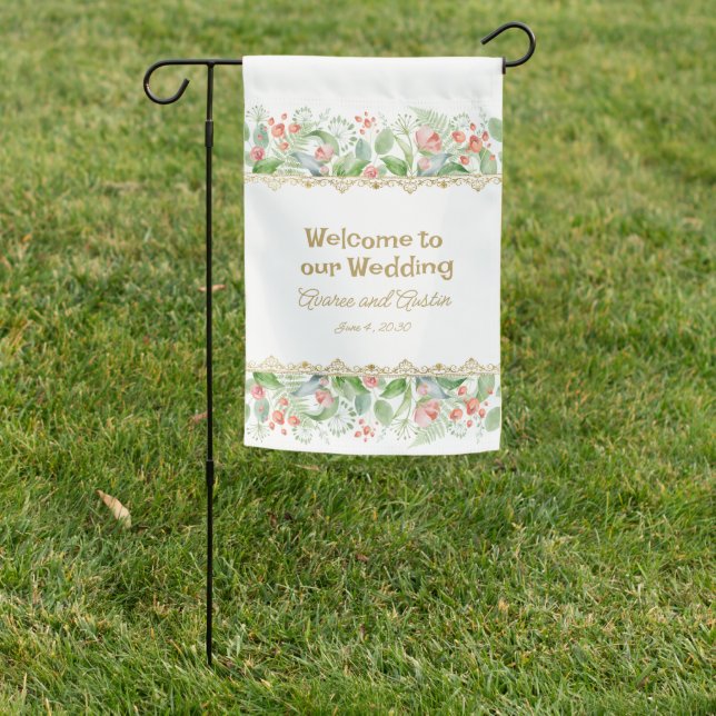 Tropical Watercolor Pink Flowers and Leaves Garden Flag (In SItu)