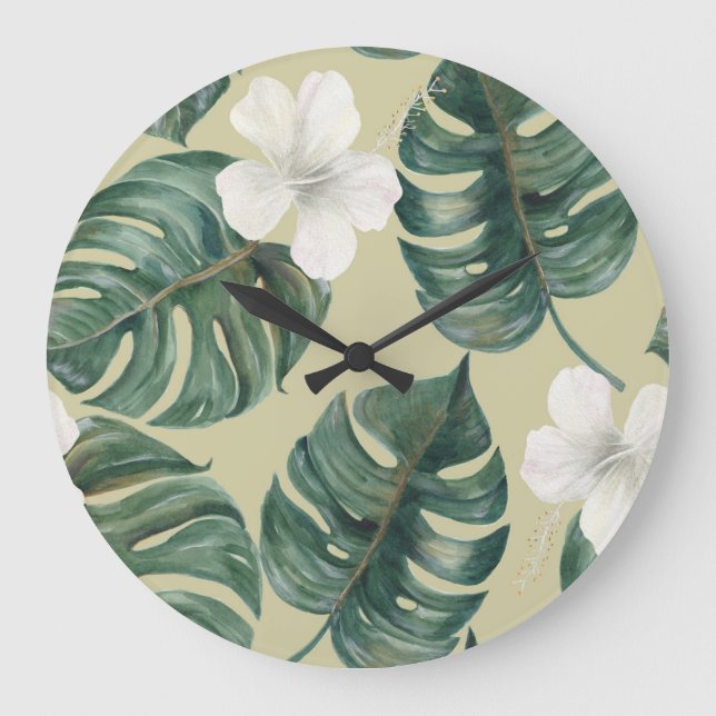 Tropical watercolor plants: seamless pattern. large clock (Front)
