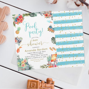 Tropical Watercolor Poolside Summer Baby Shower Invitation