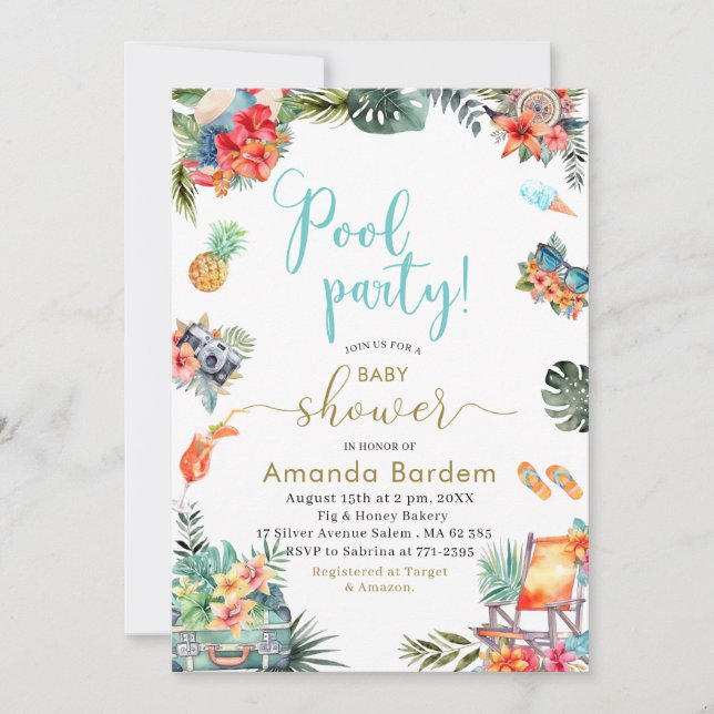 Tropical Watercolor Poolside Summer Baby Shower Invitation (Front)