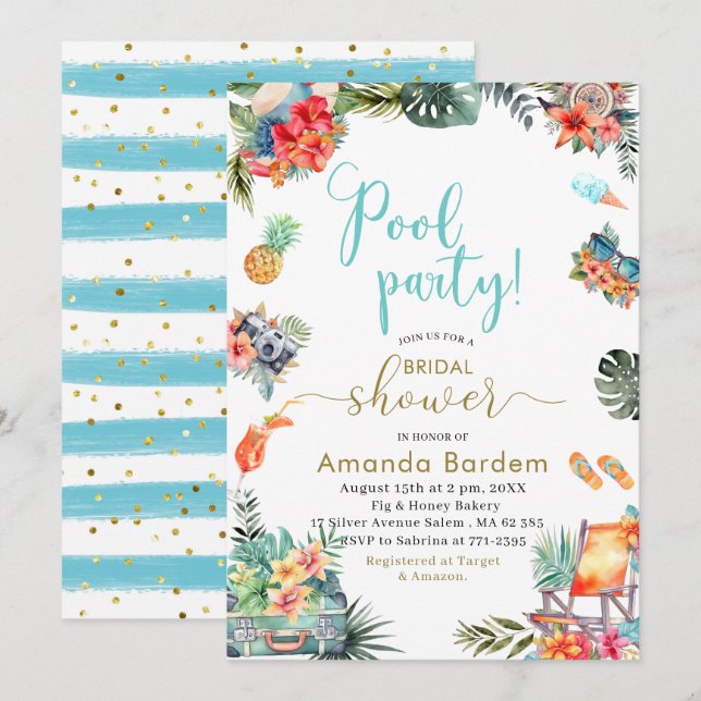 Tropical Watercolor Poolside Summer Bridal Shower Invitation (Front/Back)