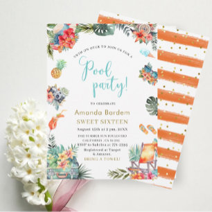 Tropical Watercolor Poolside Summer Sixteen Birthd Invitation